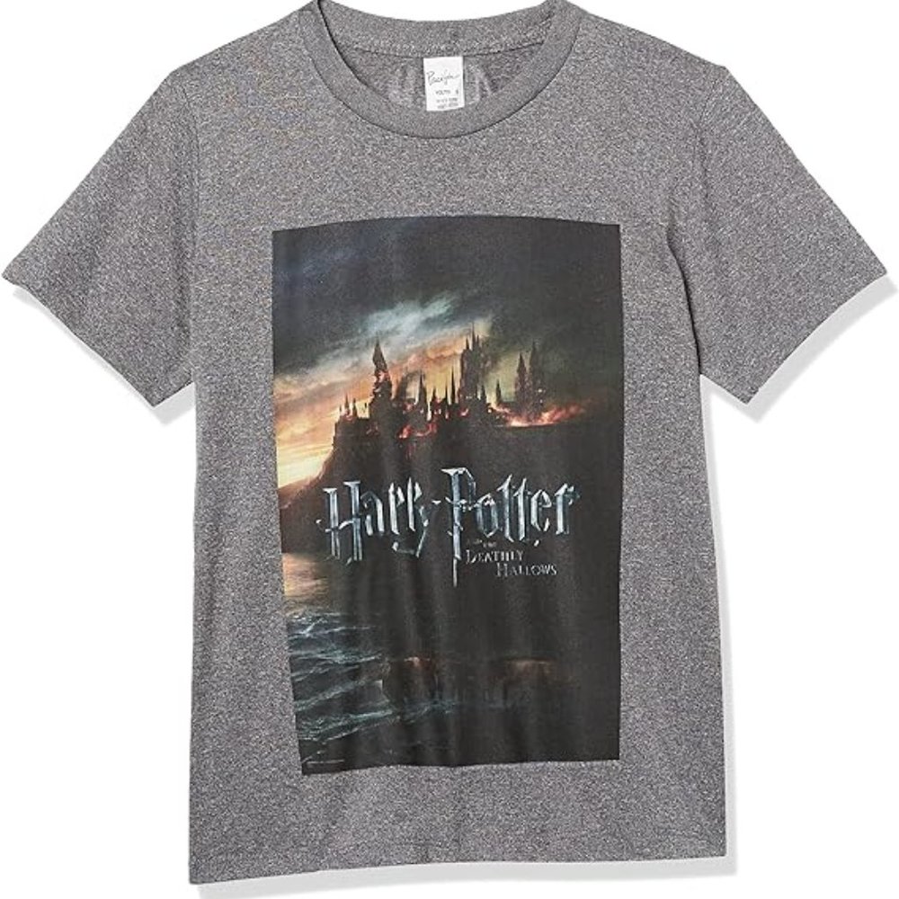 HARRY POTTER Boys Charcoal Heather Small Deathly Hallows Poster T-Shirt Tee NEW